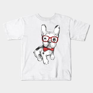 French Bulldog Hand Drawn Red Ribbon & Glasses Kids T-Shirt